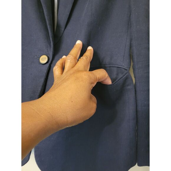 British Khaki Navy Long Sleeve Line & Cotton Blazer Women Size Medium Career - Picture 3 of 10